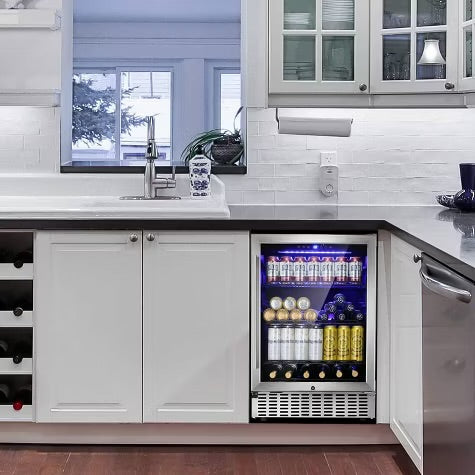 R.W.FLAME 24 Inch Beverage Fridge with Clear Glass Door, Digital Memory Temperature Control, for Cans and Soda, LED Lighting, Quiet Operation