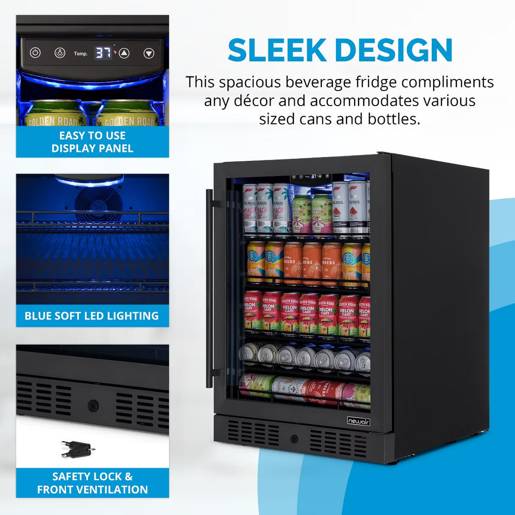 Newair 24" Beverage Refrigerator Cooler, 177 Can Black Stainless Steel Glass Door Fridge, Built-in Counter or Freestanding Bar Drinks Refrigerator