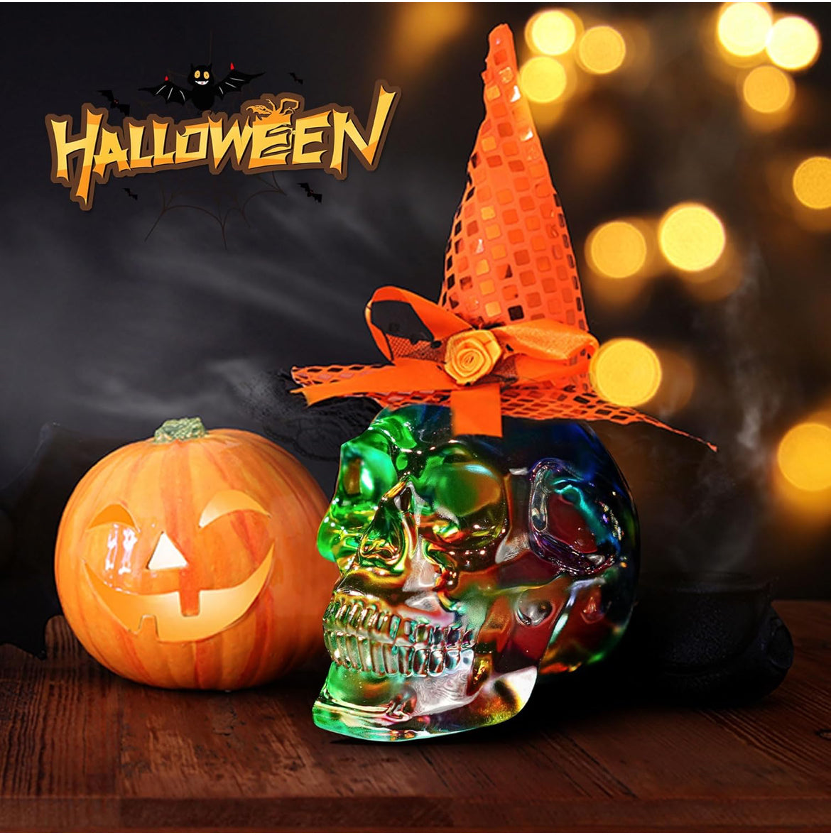 HDCRYSTALGIFTS 3 Inch Multi-Color Crystal Human Skull Model Statue for Home Decor, Halloween Head Figurine Decoration Gift, Art Glass Day of The Dead Sculpture Collections
