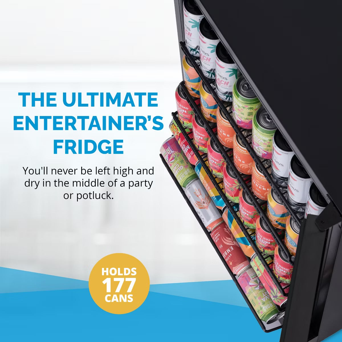 Newair 24" Beverage Refrigerator Cooler, 177 Can Black Stainless Steel Glass Door Fridge, Built-in Counter or Freestanding Bar Drinks Refrigerator