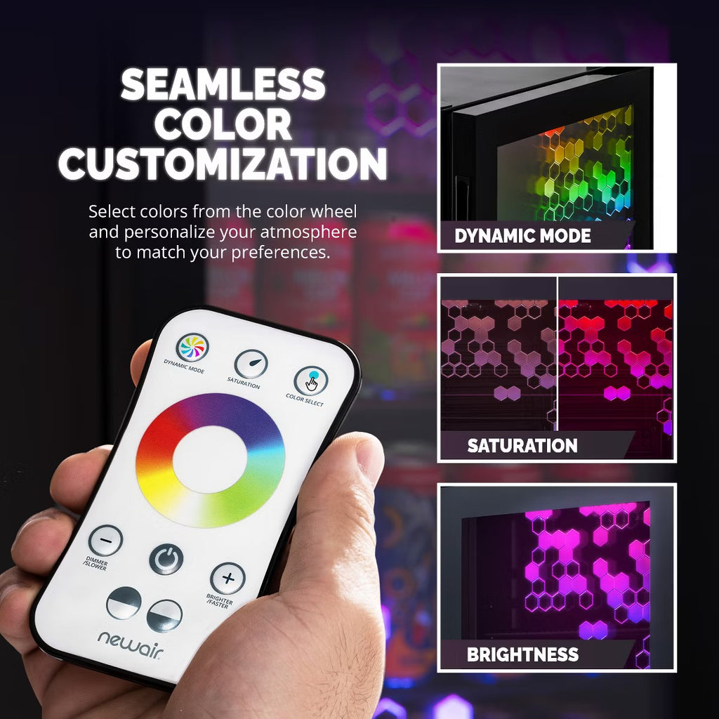 Newair Prismatic Series 126 Can Beverage Refrigerator with RGB HexaColor LED Lights, Mini Fridge for Gaming, Game Room, Party Festive Holiday Fridge