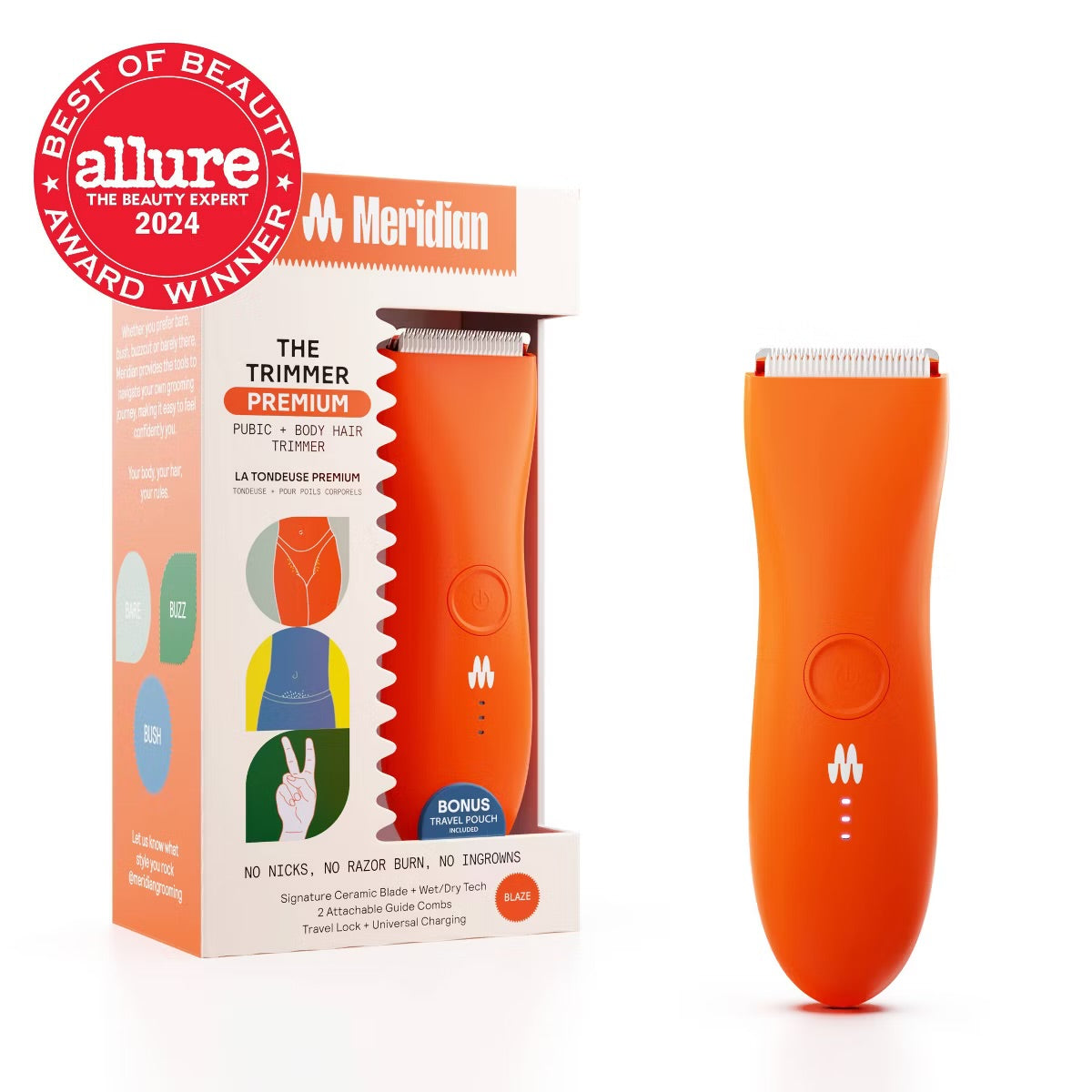Meridian Trimmer Premium Pubic & Body Hair Trimmer for Men & Women Below-the-Belt Groomer, Ball Trimmer, Bikini Trimmer, Bonus Pouch - Blaze