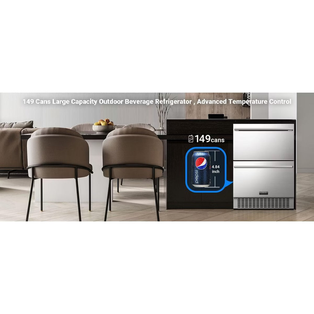 24-inch fridge,149 Cans,Stainless Steel Door,LED light,Adjustable shelves,Quiet Compressor,Double Drawer Cooler,Air Defrost System