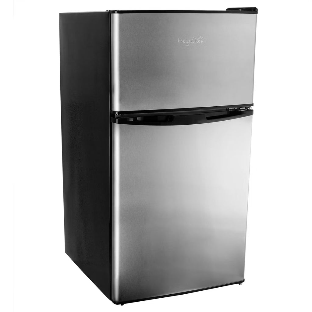 MegaChef 3.2 cu ft Portable 2 Door Refrigerator/Freezer Stainless Steel: Small Fridge, Dorm, Adjustable Shelves