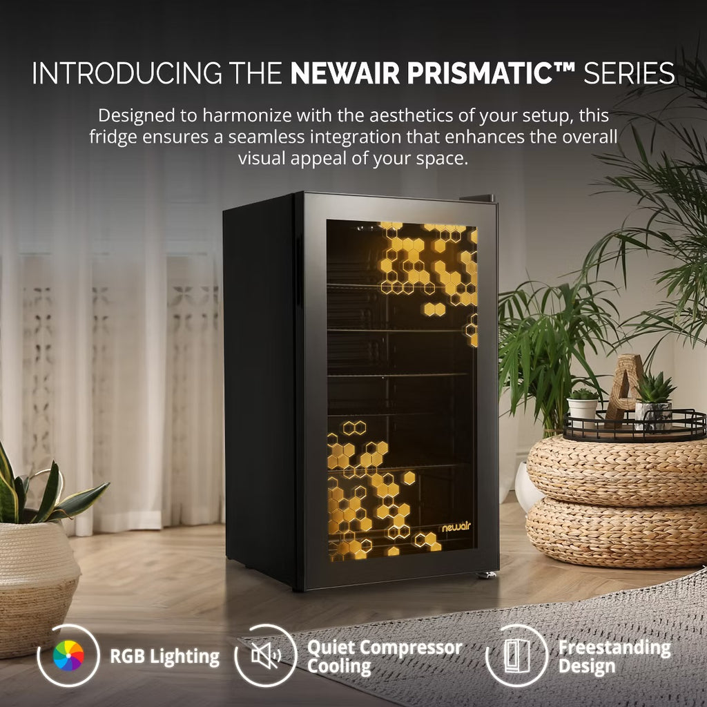 Newair Prismatic Series 126 Can Beverage Refrigerator with RGB HexaColor LED Lights, Mini Fridge for Gaming, Game Room, Party Festive Holiday Fridge