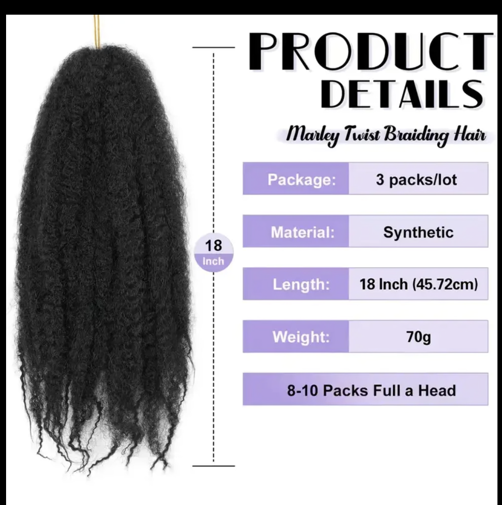 3-Packs Afro Kinky Marley Twists Braiding Hair - Natural Black Crochet Braids Suitable for Locs, Low-Temp Synthetic Fiber Hair for Twists, Dreadlock Maintenance & Braiding Styles ()