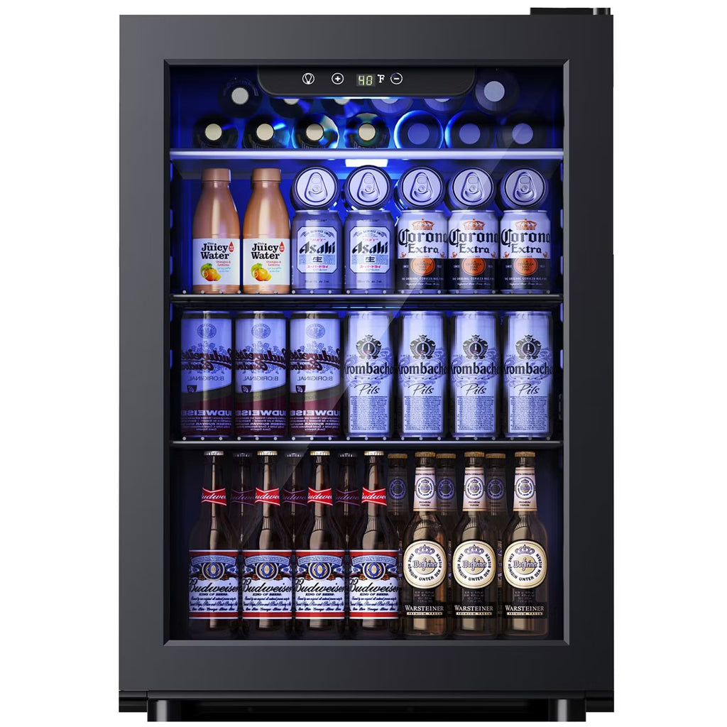 Simzlife 2.7 Cu.Ft/100 Cans Beverage Refrigerator, Mini Cooler with Reversible Glass Door, Fridge with Removable Shelves, Digital Control, Blue LED