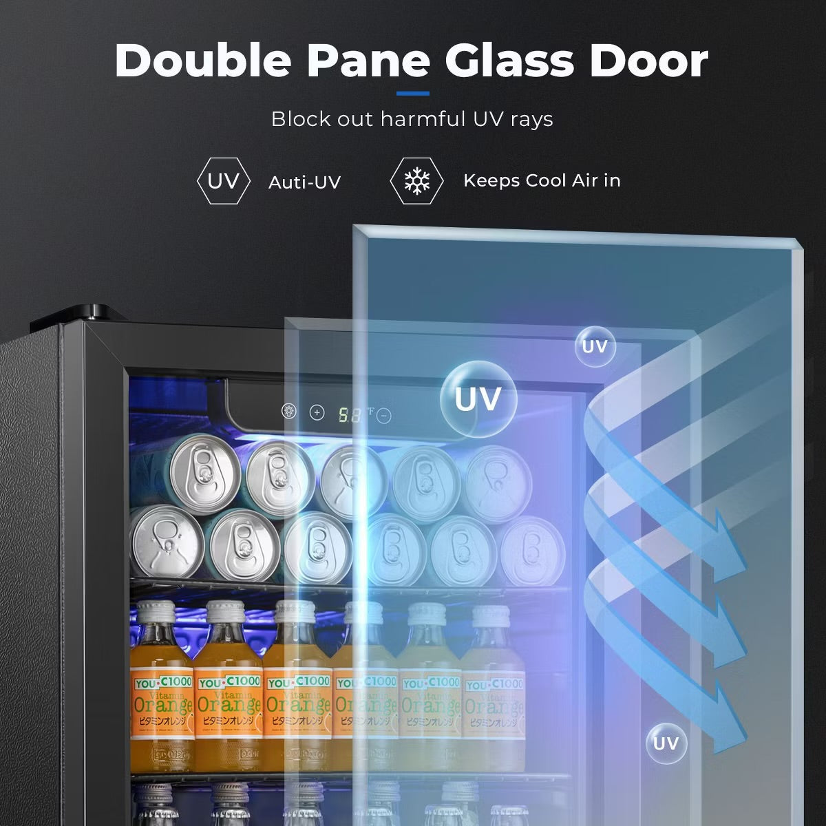 R.W.FLAME 5.1 Cu.Ft Beverage Fridge, 24 Inch, 166-Can, Low Noise, Glass Door, Stainless Steel, Efficient Cooling System with Safety Lock