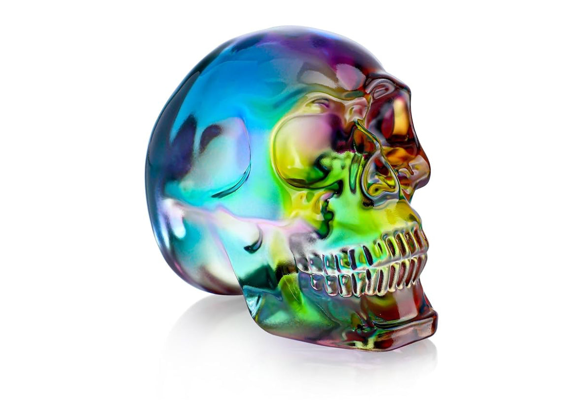 HDCRYSTALGIFTS 3 Inch Multi-Color Crystal Human Skull Model Statue for Home Decor, Halloween Head Figurine Decoration Gift, Art Glass Day of The Dead Sculpture Collections