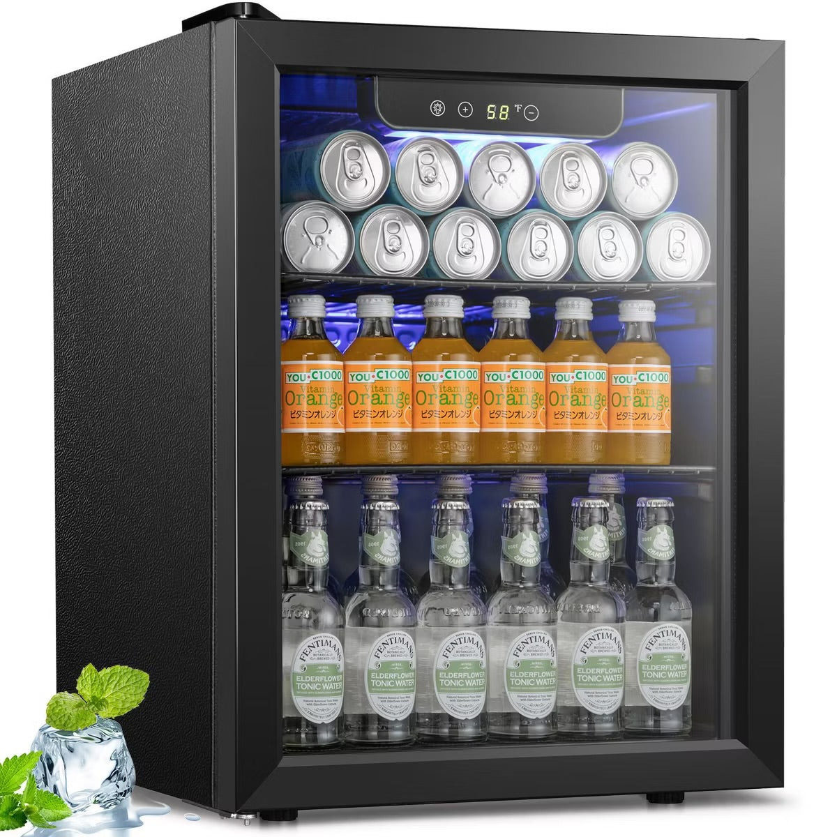 R.W.FLAME 5.1 Cu.Ft Beverage Fridge, 24 Inch, 166-Can, Low Noise, Glass Door, Stainless Steel, Efficient Cooling System with Safety Lock