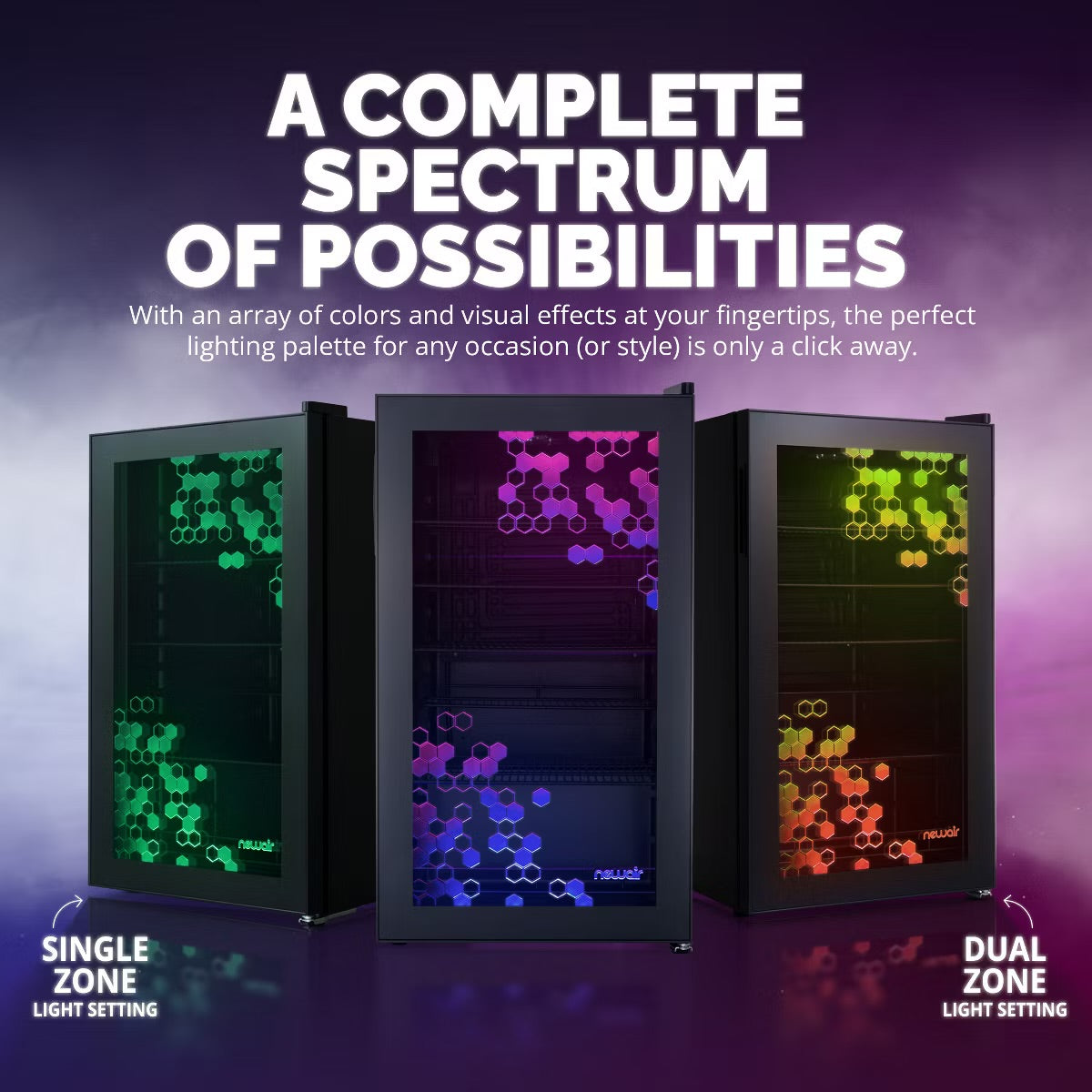 Newair Prismatic Series 126 Can Beverage Refrigerator with RGB HexaColor LED Lights, Mini Fridge for Gaming, Game Room, Party Festive Holiday Fridge