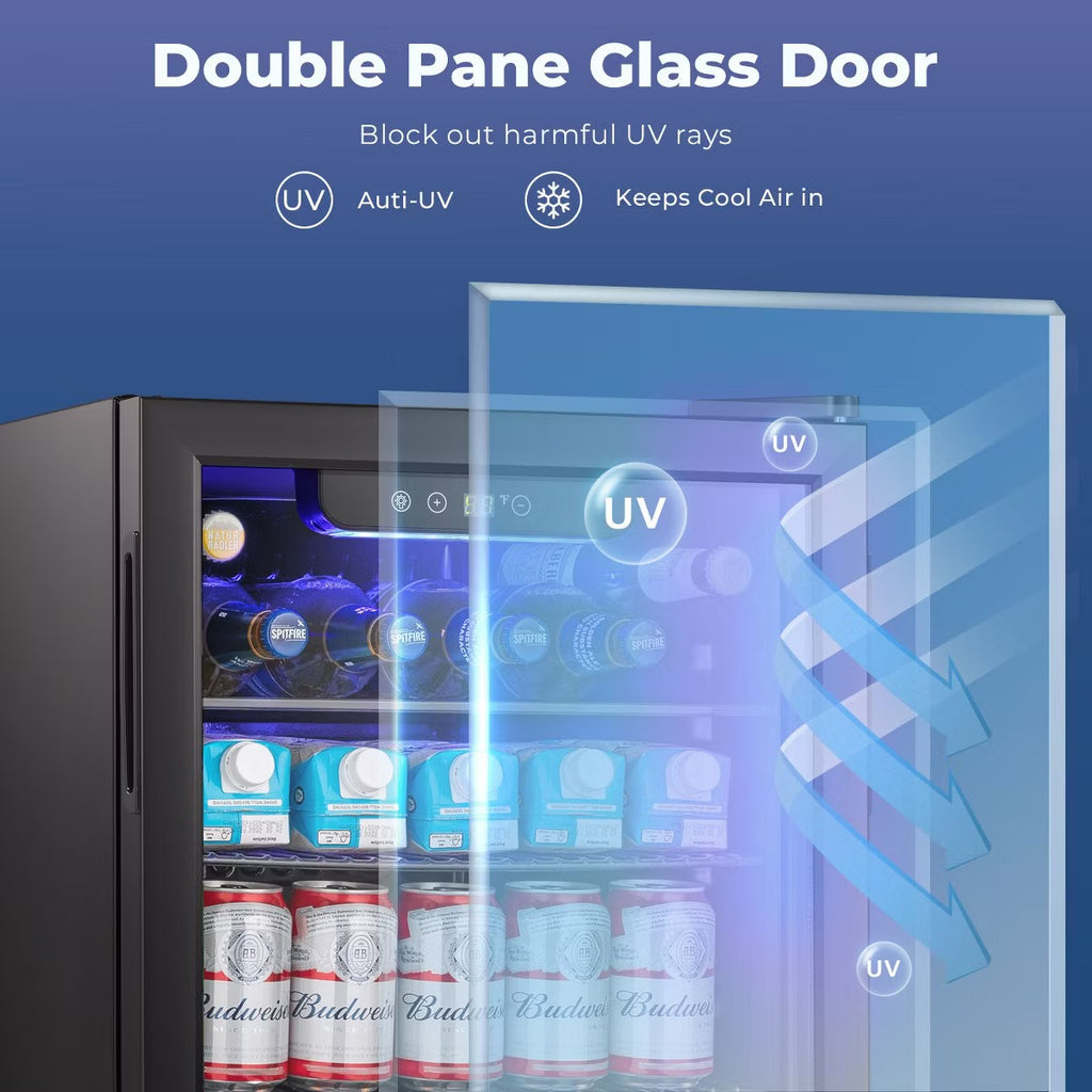 R.W.FLAME 95 Can Beverage Cooler,Compact Fridge for Soda,Clear Glass Door,Quiet Compressor,Adjustable Temperature,Freestanding,2.4 Cu.ft