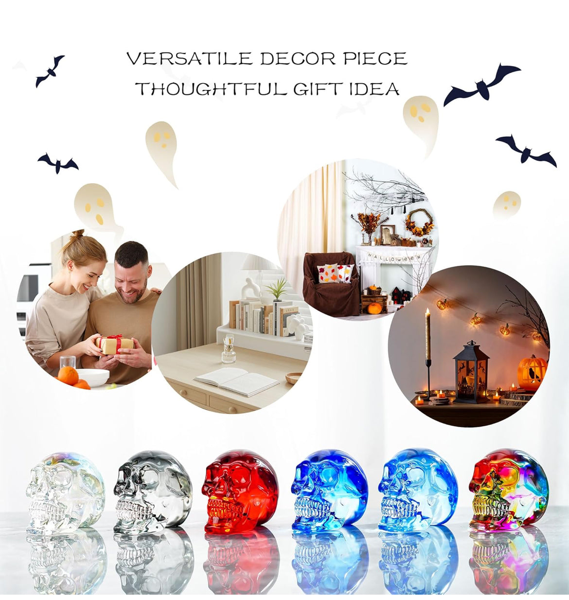 HDCRYSTALGIFTS 3 Inch Multi-Color Crystal Human Skull Model Statue for Home Decor, Halloween Head Figurine Decoration Gift, Art Glass Day of The Dead Sculpture Collections
