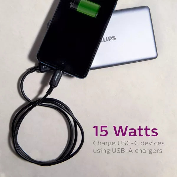 Philips 6' Cable, USB-A to USB-C 15W Charge - Black