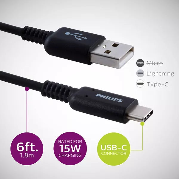 Philips 6' Cable, USB-A to USB-C 15W Charge - Black