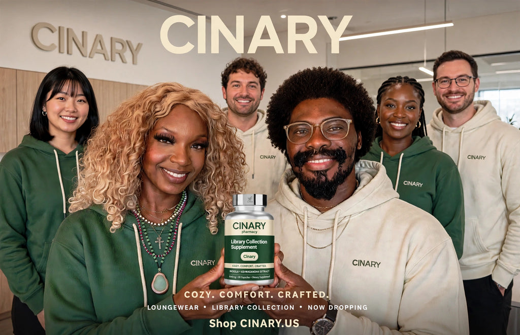 Here's your product packaging closeup — CINARY pharmacy bottle isolated in studio light so the forest green + cream label reads clean: Library Collection Supplement, Cinary pill badge, COZY. COMFORT. CRAFTED., and your 500 mg / 30 capsules lo